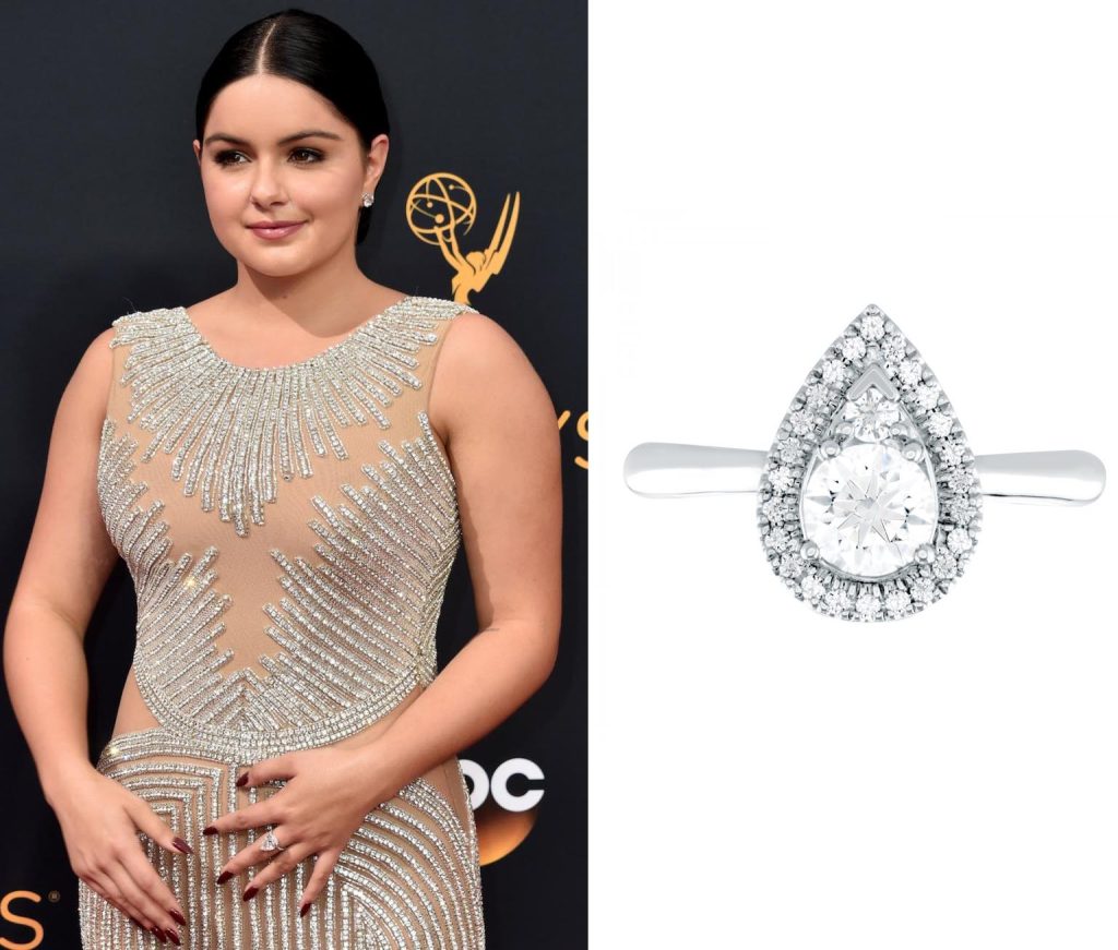 Celebrity wearing white gold diamond engagement ring with a diamond halo at the 2016Emmy Awards red carpet.