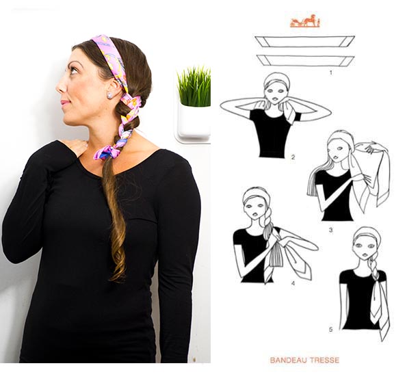 Woman wearing vintage Hermès scarf with diagram showing how to braid the scarf into
hair.