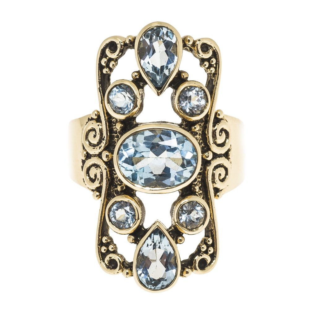 Yellow gold ring set with blue topaz.