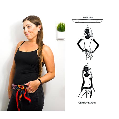 Woman wearing vintage Hermès scarf with diagram showing how to tie scarf as a belt.