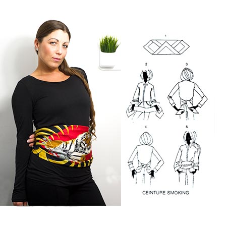 Woman wearing vintage Hermès scarf with diagram showing how to tie scarf around
waist.