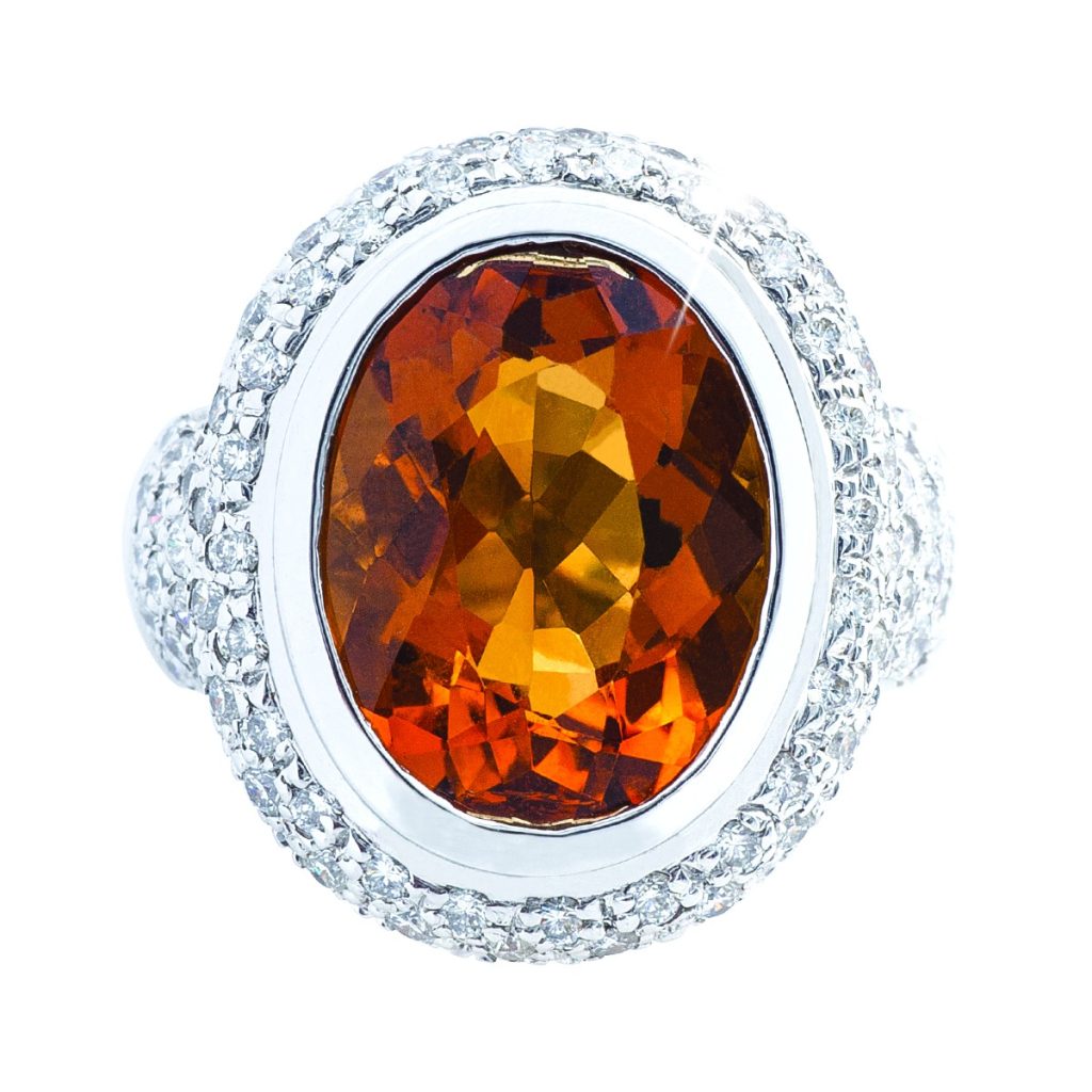 White gold freeform citrine and diamond ring.