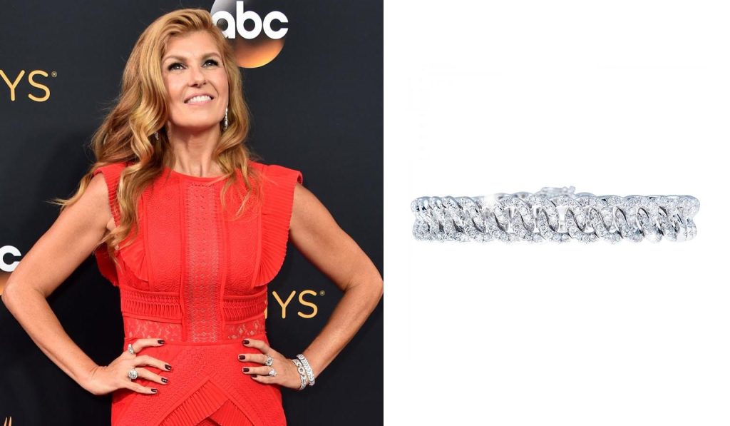 Celebrity wearing white gold diamond bangle at the 2016 Emmy Awards red carpet.