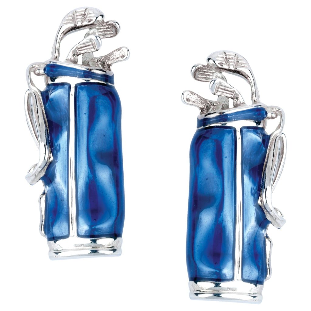 Sterling silver and blue enamel golf club bag cufflinks.