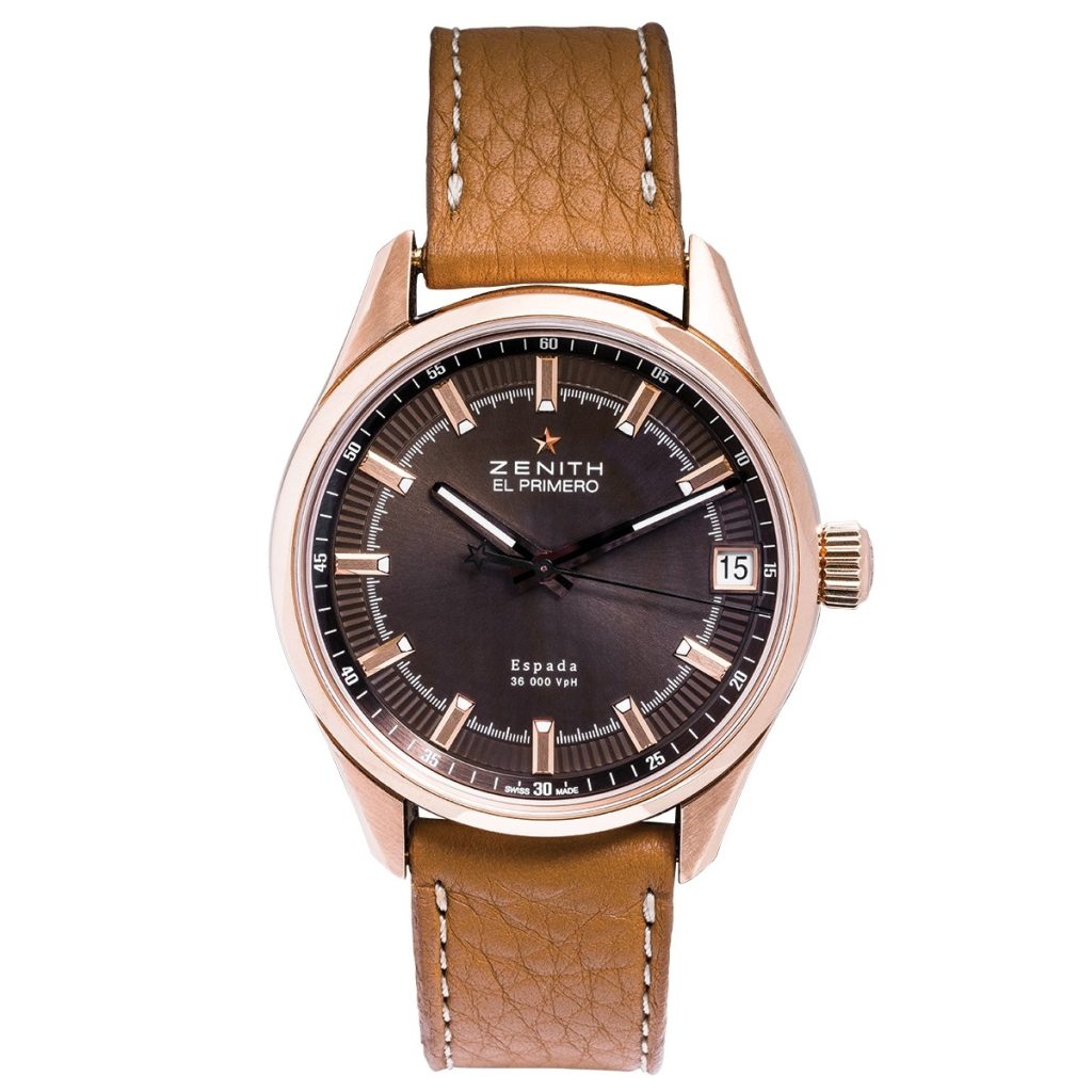 Pre-owned men’s Zenith in rose gold with a tan leather strap.