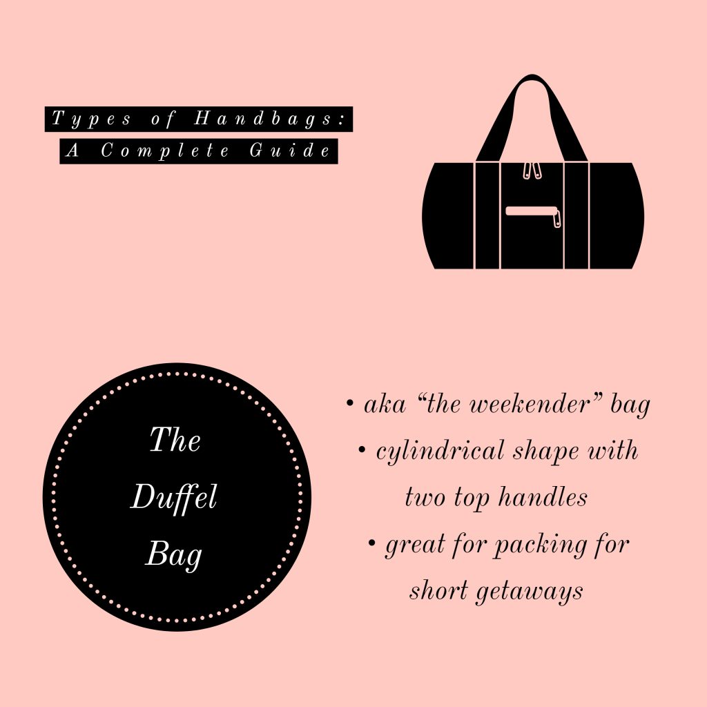 Pink background with text , Types of Handbags: A Complete Guide. The Duffel Bag. AKA ,The Weekender bag. Cylindrical shape with two top handles. Great for packing for short getaways.