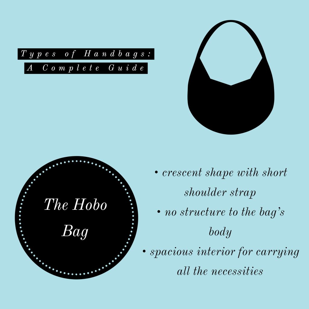 Blue background with text Types of Handbags: A Complete Guide. The Hobo Bag. Crescent shape with short shoulder strap. No structure to the bag’s body. Spacious interior for carrying all the necessities.