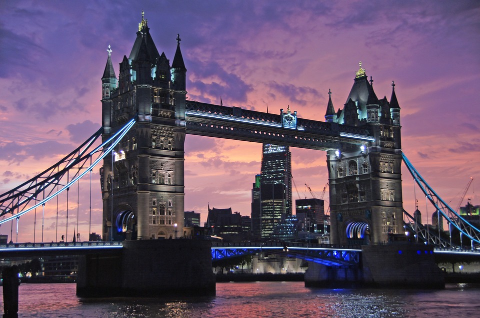 Tower Bridge at sunset in London, UK.