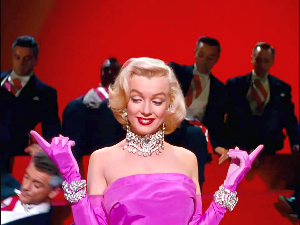 Still from Gentlemen Prefer Blondes showing Marilyn Monroe wearing a 500-year-olddiamond necklace and bracelet set.