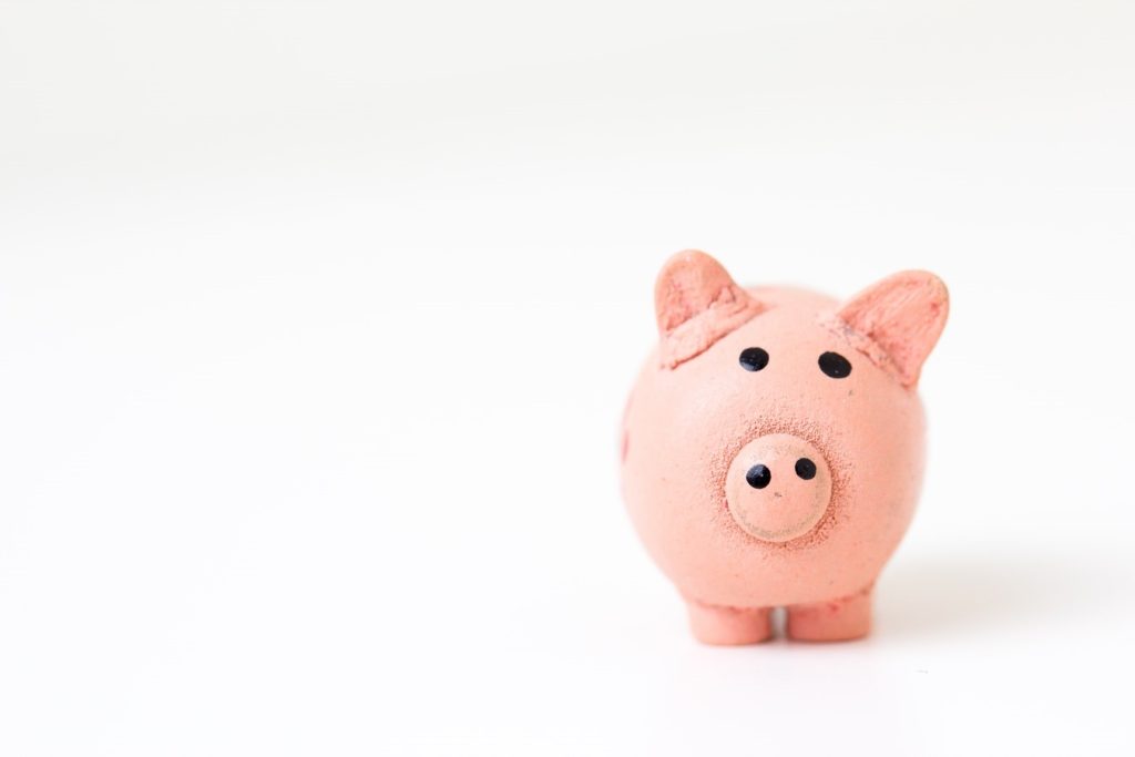 Piggy coin bank on white background.