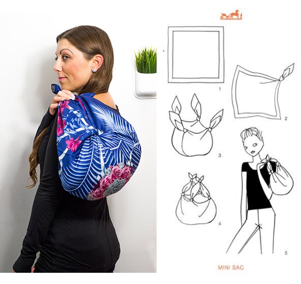 Woman wearing vintage Hermès scarf with diagram showing how to tie scarf around
waist.