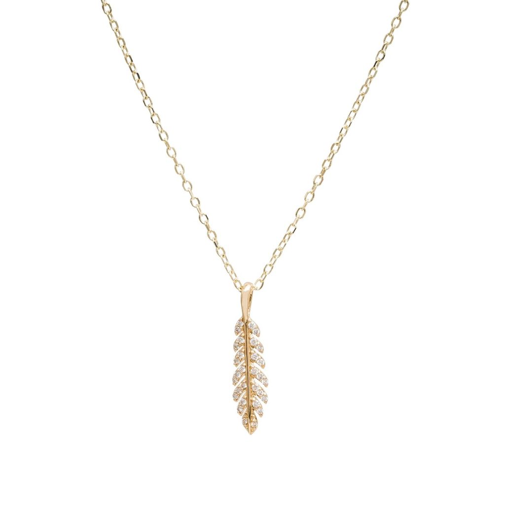 Yellow gold leaf pendant set with diamonds.