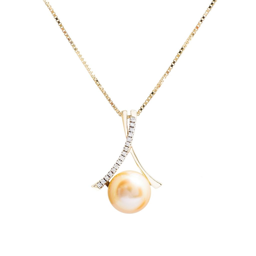 Yellow gold pendant centered with a yellow pearl and diamond crisscross bail.