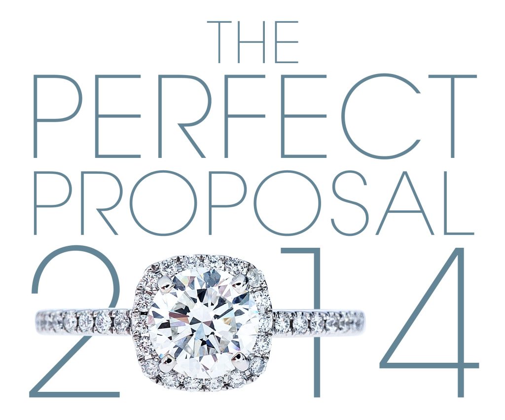 White gold diamond engagement ring with text, “The Perfect Proposal 2014”.