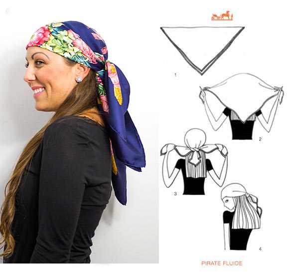 Woman wearing vintage Hermes scarf with diagram showing how to tie around head.