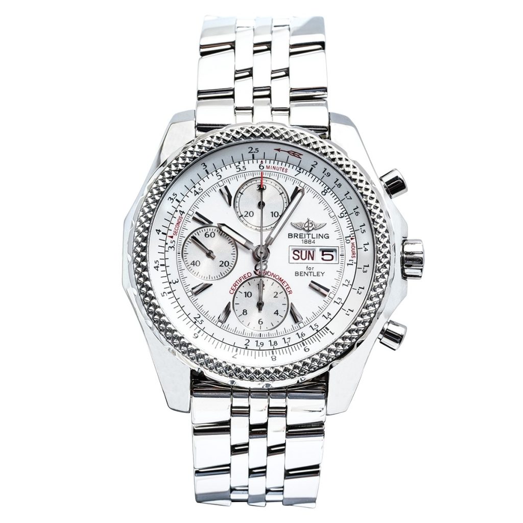 Pre-owned men’s Breitling Bentley in stainless steel with a white dial.