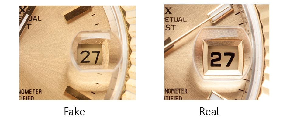 Two images showing difference between a real Rolex date window and a fake one withtext, “Fake/Real”.