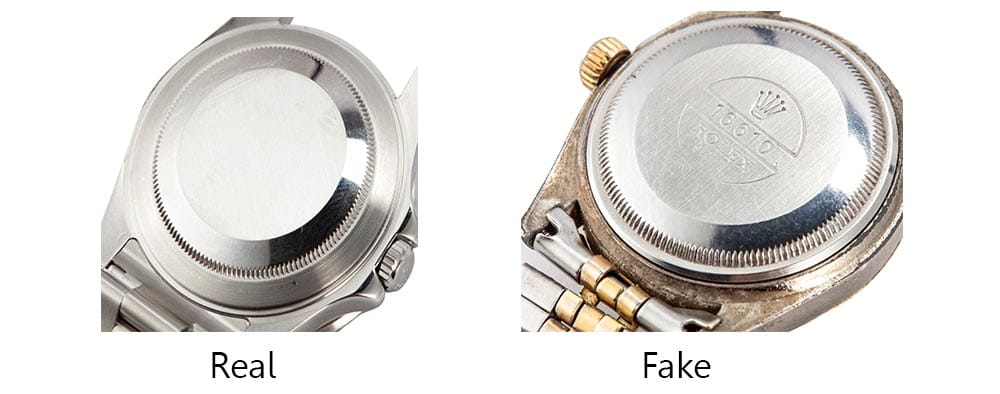 Two images showing difference between a real Rolex case back and a fake one with text,“Fake/Real”.