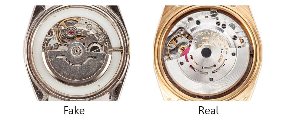 Two images showing difference between a real Rolex movement and a fake one with text,“Fake/Real”.