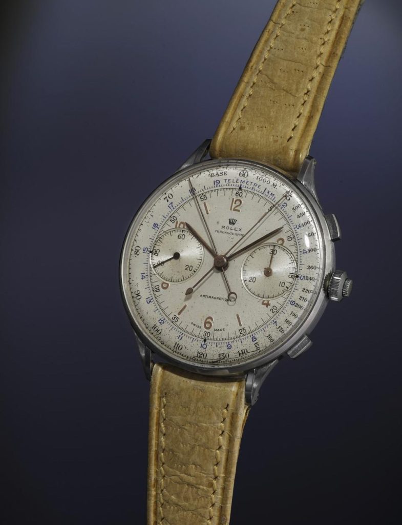 Pre-owned Rolex Antimagnetique 1942 in stainless steel with a tan leather strap.