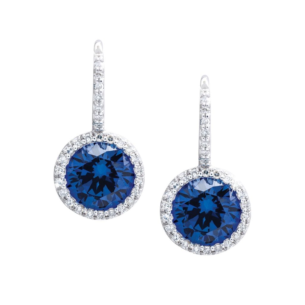 A pair of elegant blue sapphire and diamond earrings, showcasing a stunning contrast of colors and exquisite craftsmanship.