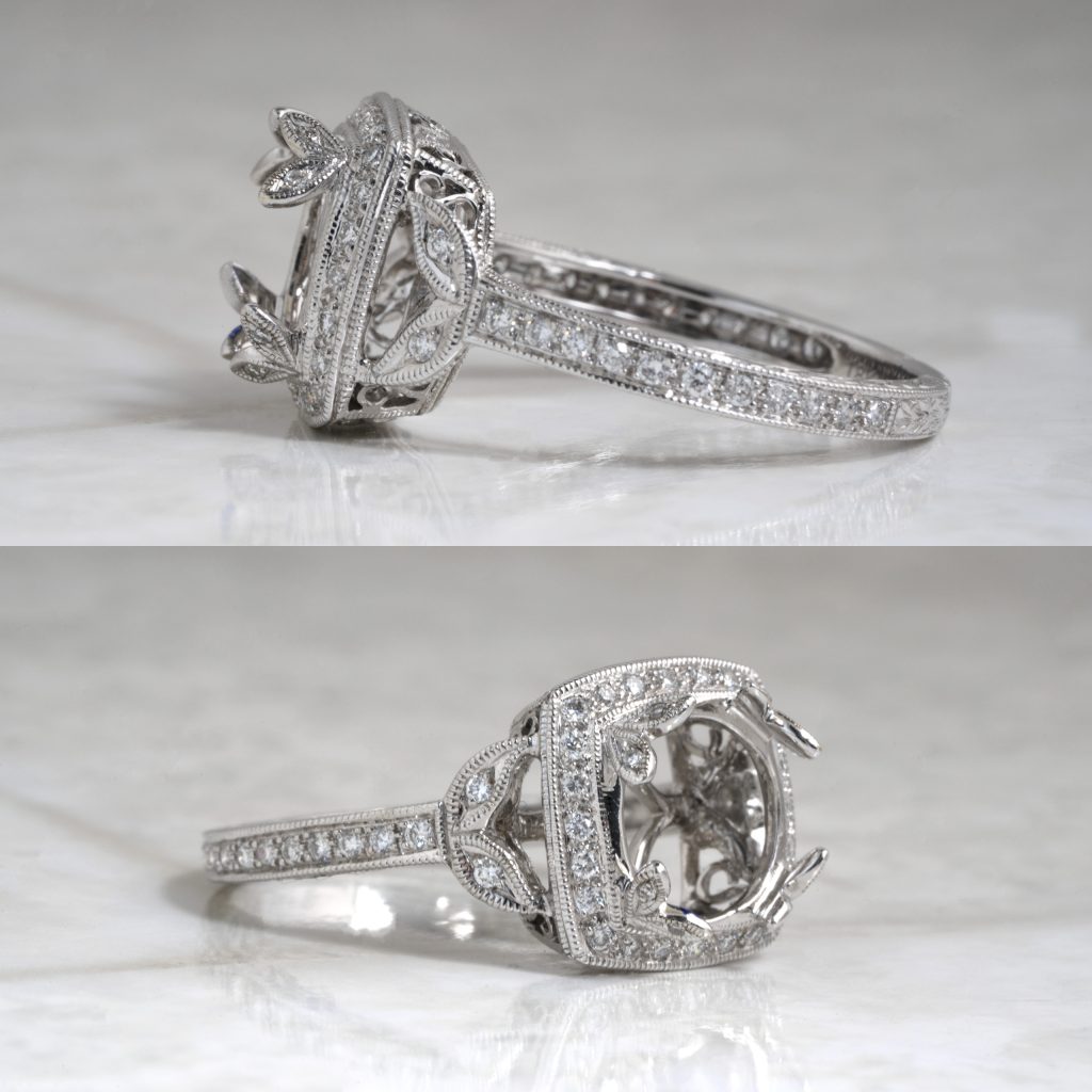 Group of two images of a white gold cathedral semi-mount with a diamond halo and diamonds in the band.