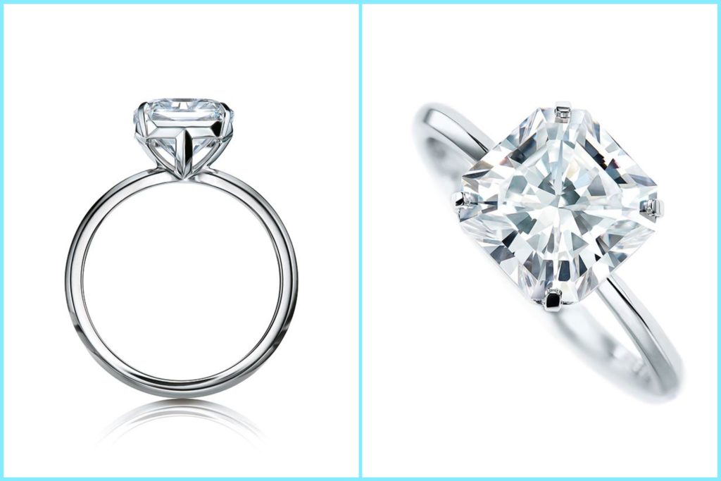 Two angles of a vintage white gold Tiffany & Co. solitaire diamond engagement ring.