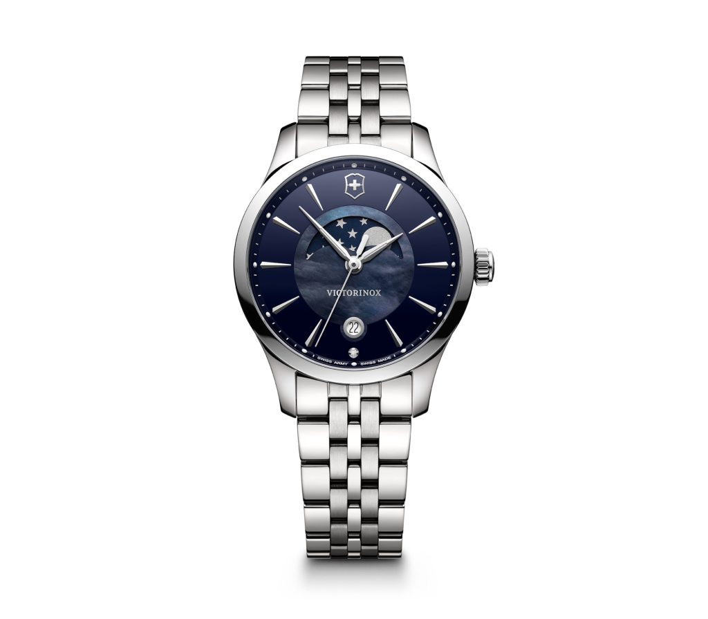 Men’s Victorinox Swiss Army watch in stainless steel with a blue dial.