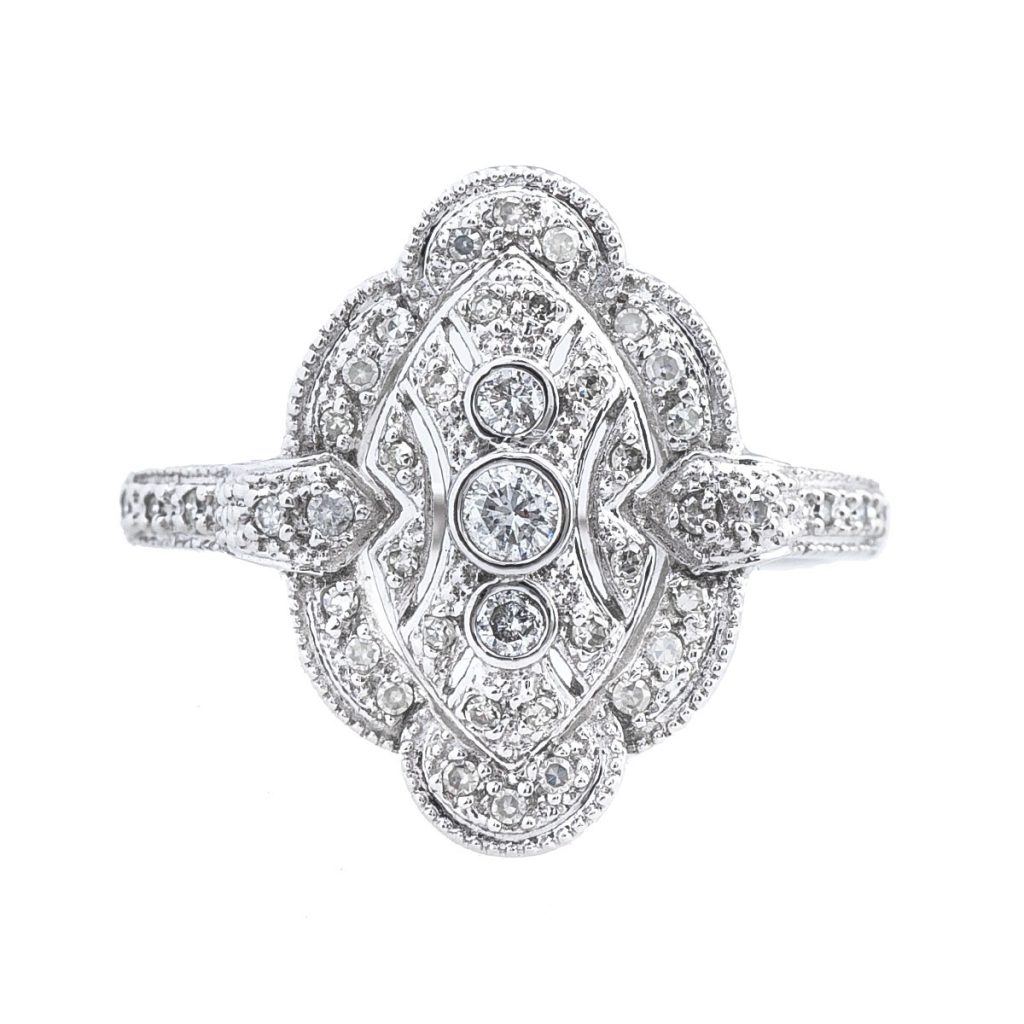 White gold filigree diamond cocktail ring.