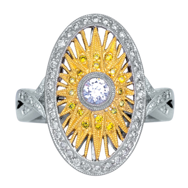 white and yellow gold sunburst ring