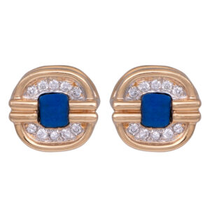 round gold earrings with square lapis inlays surrounded by diamonds