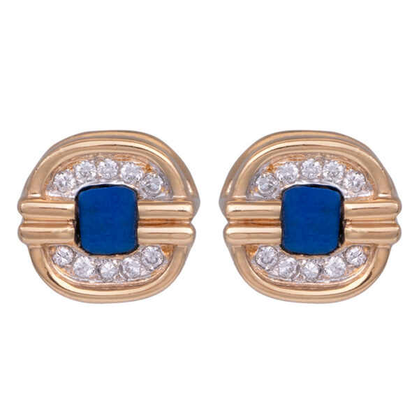 round gold earrings with square lapis inlays surrounded by diamonds