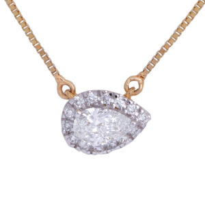 horizontal pear cut diamond halo pendant on a gold chain