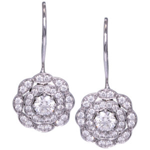 white gold diamond double halo drop earrings, flower motif