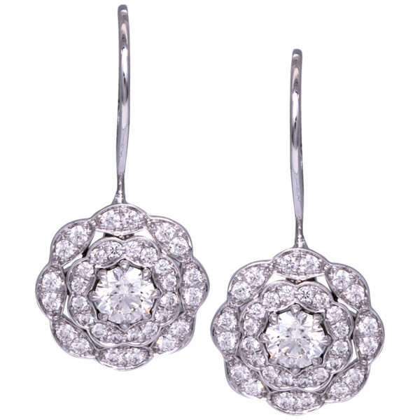 white gold diamond double halo drop earrings, flower motif