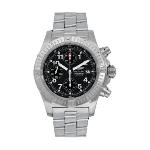 stainless steel breitling watch with a black dial