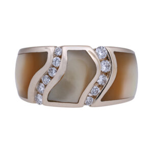 vintage yellow gold wide ring set with curved channels of diamonds and mother of pearl inlay