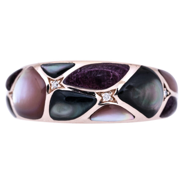 rose gold ring with 4 small diamonds, pink and black mother of pearl inlay, and purple spiny oyster inlay