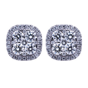 white gold square halo diamond cluster earrings