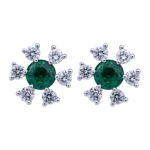 round emerald and diamond earrings, in the form of a flower