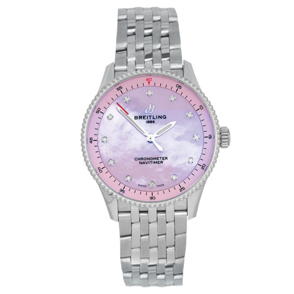 stainless steel women's Breitling watch with a pink mother-of-pearl dial