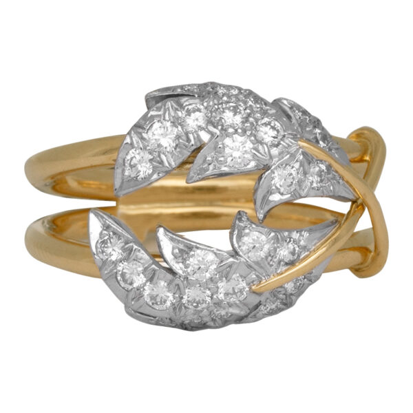 yellow gold 2 leaf ring set with diamonds as the leaves