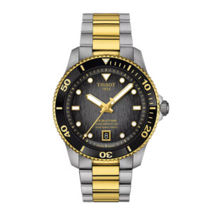 steel and yellow gold watch with a black dial