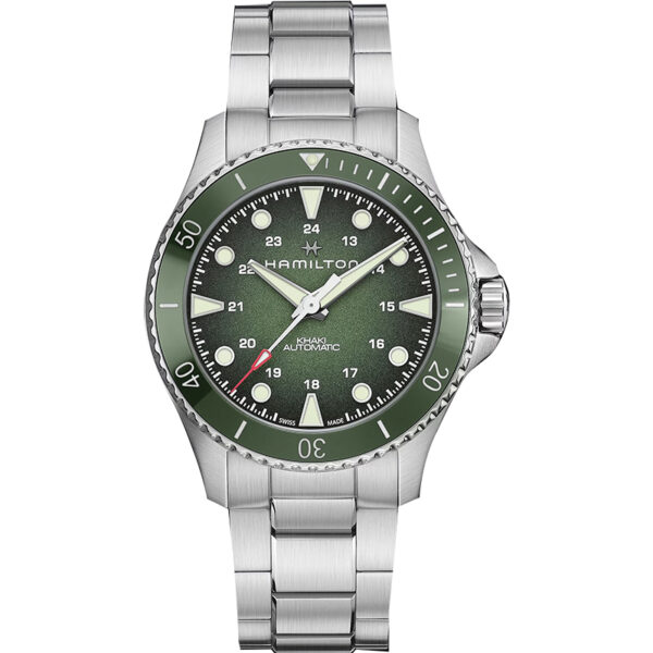 stainless steel watch with a green bezel and green dial