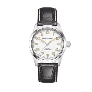 steel watch with a white dial and black leather strap