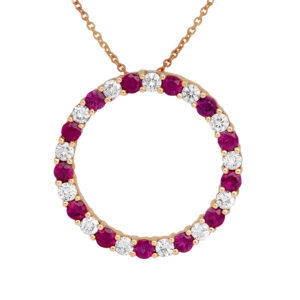 yellow gold circle pendant set with alternating round rubies and diamonds