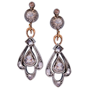 silver and yellow gold antique diamond drop earrings