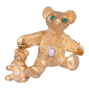 gold teddy bear and cub brooch with a diamond belly button and emerald eyes