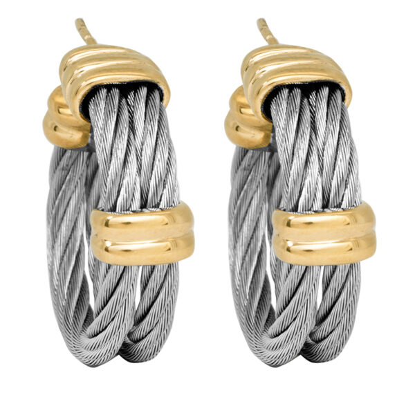 stainless steel cable hoop earrings with gold wrapped accents